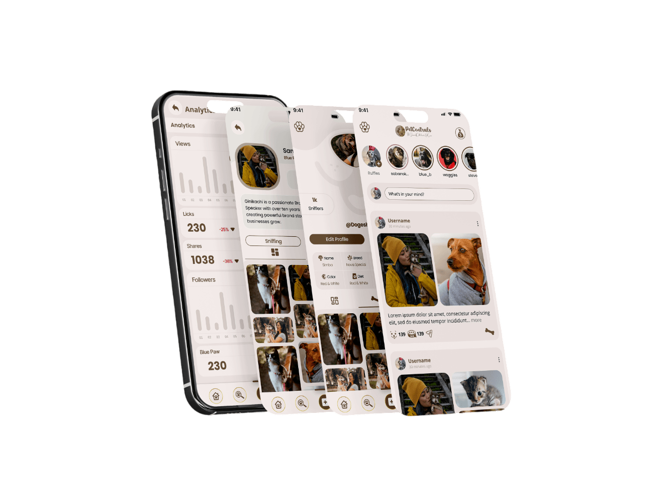 Multiple smartphone mockups displaying PetCentral app with analytics, profiles, and pet photos